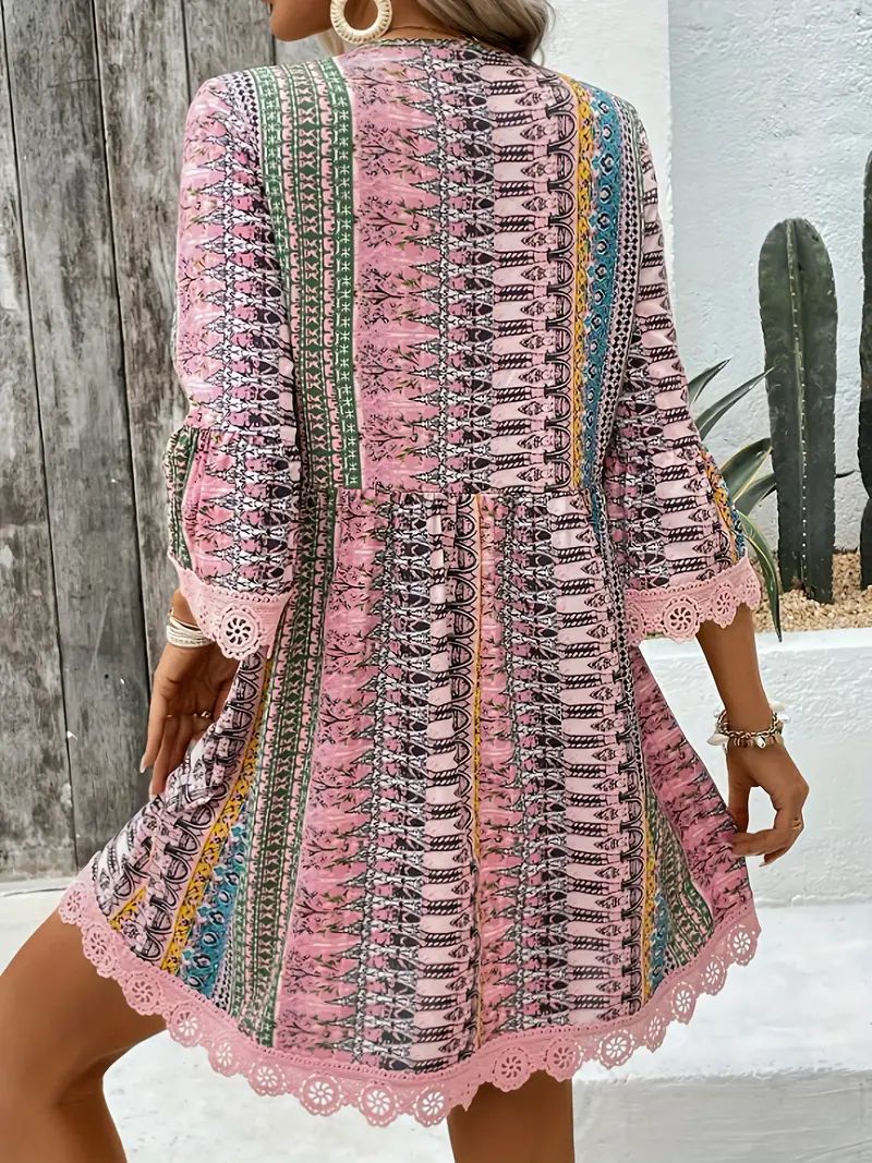 Robe bohème imprimée col en V, style décontracté pour femme