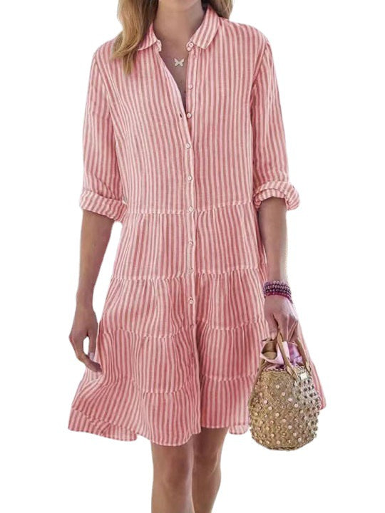 Robe chemise rayée à manches longues pour femme avec revers et boutons, style décontracté Main Image
