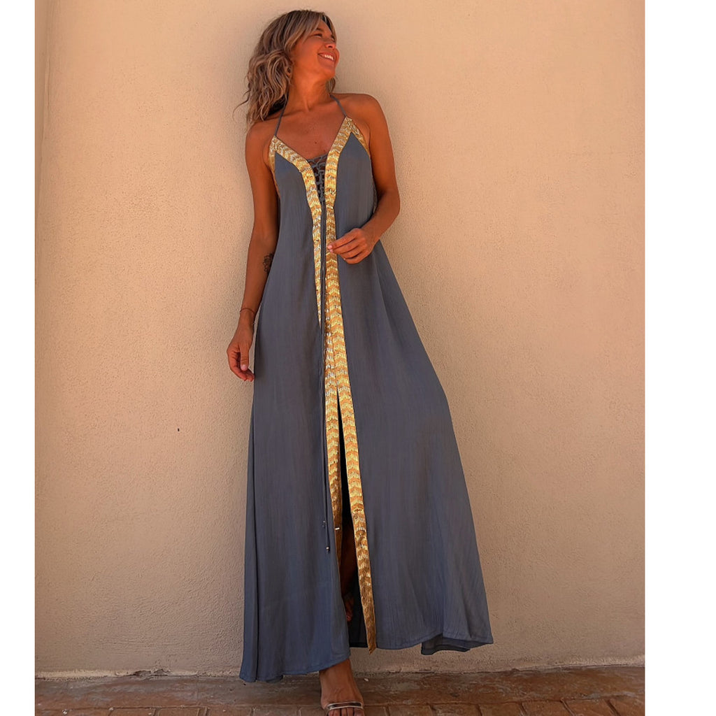 Robe d'été décontractée ample à grand volant avec liens et dos nu, style européen et américain