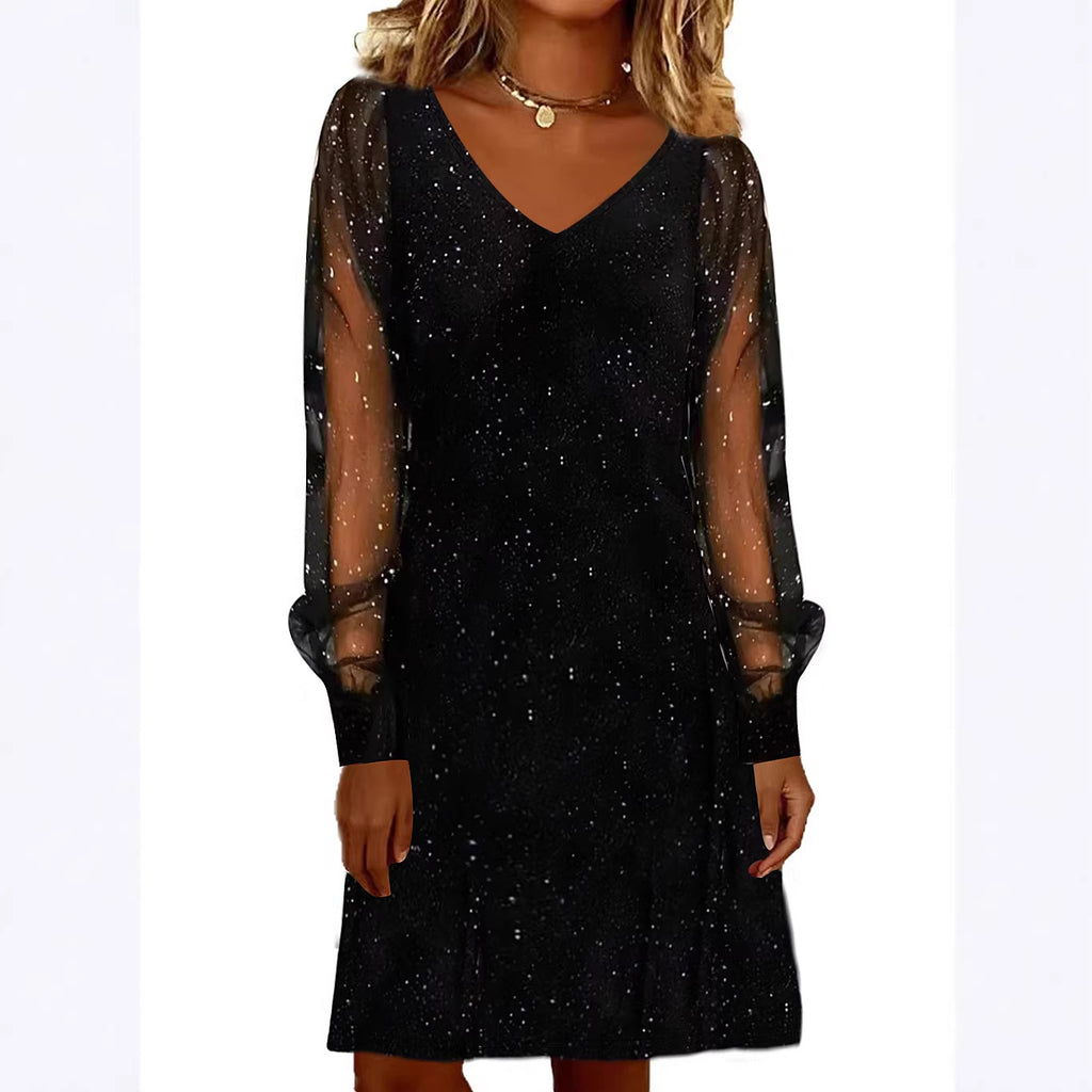 Robe élégante pour femme Col en V Manches en maille brillantes et lumineuses Mini-robes pour femmes Robe de soirée noire d'automne et d'hiver