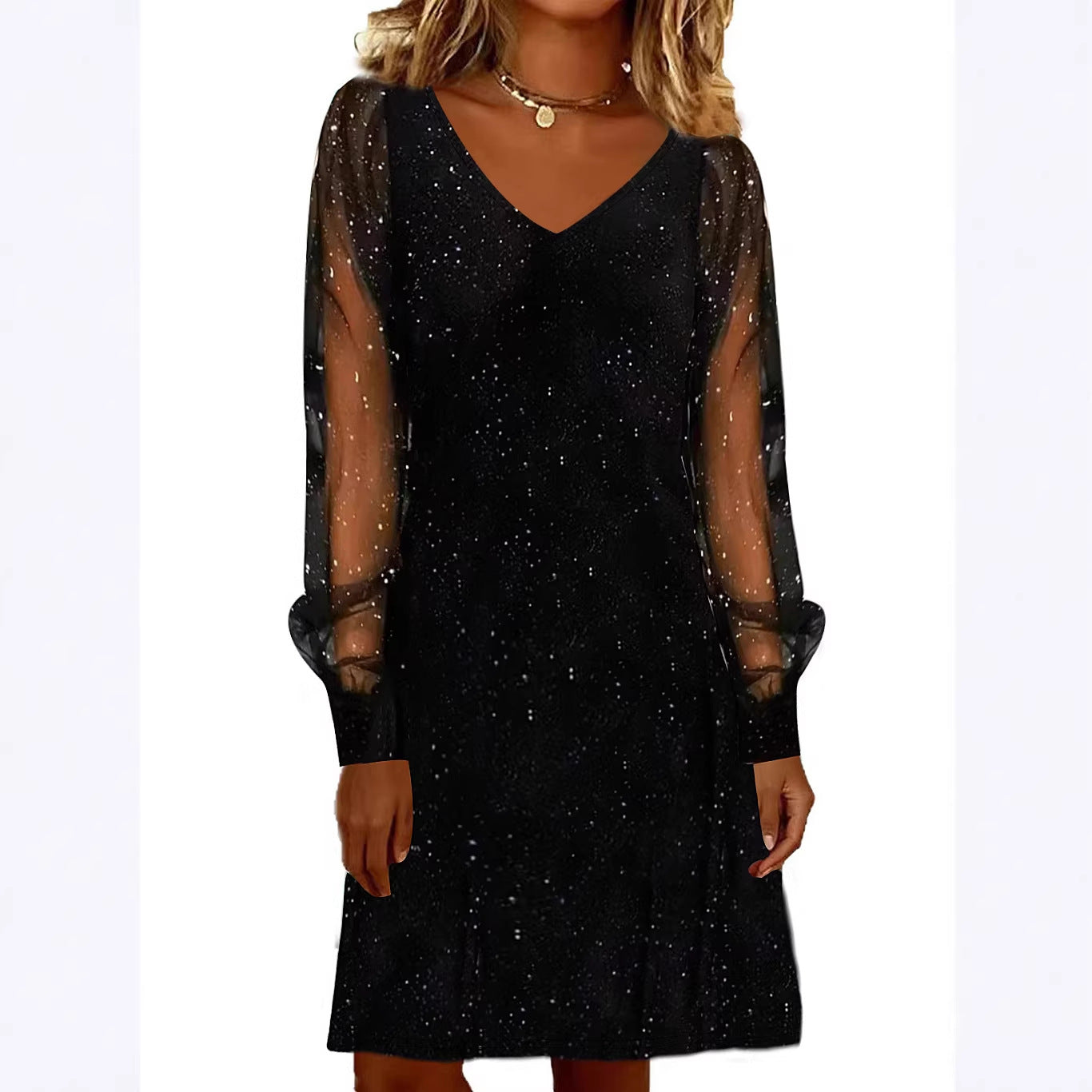 Robe élégante pour femme Col en V Manches en maille brillantes et lumineuses Mini-robes pour femmes Robe de soirée noire d'automne et d'hiver