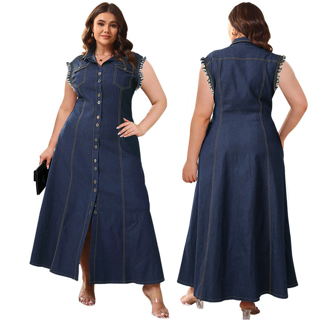 Gilet Boutonné Robe Longue en Jean pour Femme Main Image