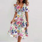 Robe d'été évasée à fleurs imprimées et col en V, à manches courtes pour femme