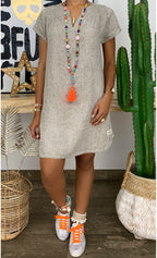 Robe d'été décontractée en coton et lin pour femme, couleur unie, manches courtes, col en V asymétrique