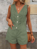 Ensemble short décontracté femme, gilet uni col V et boutonnage