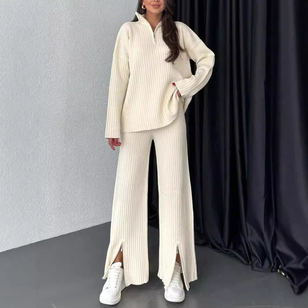 Vêtements d'automne pour femmes Couleur unie Fermeture éclair Tricot Col roulé Côtelé Tenue d'intérieur Ensemble deux pièces