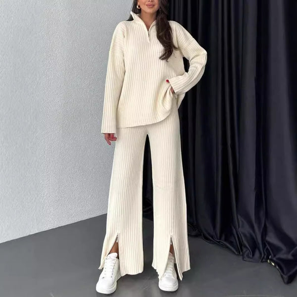 Vêtements d'automne pour femmes Couleur unie Fermeture éclair Tricot Col roulé Côtelé Tenue d'intérieur Ensemble deux pièces