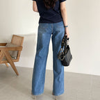 Korean Style Commuter All-match Rolled-up Casual Jeans High Waist Slim Straight Leg Pants Women