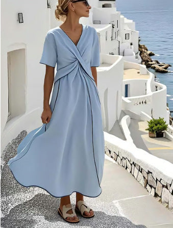 Robe décontractée ample style rétro à imprimé rayé, robe de vacances d'été à manches courtes et col en V, robe longue plissée bohème trapèze pour femme