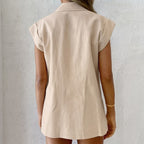 Ensemble deux pièces décontracté femme, haut et short sans manches, col tailleur, style britannique, en coton et lin