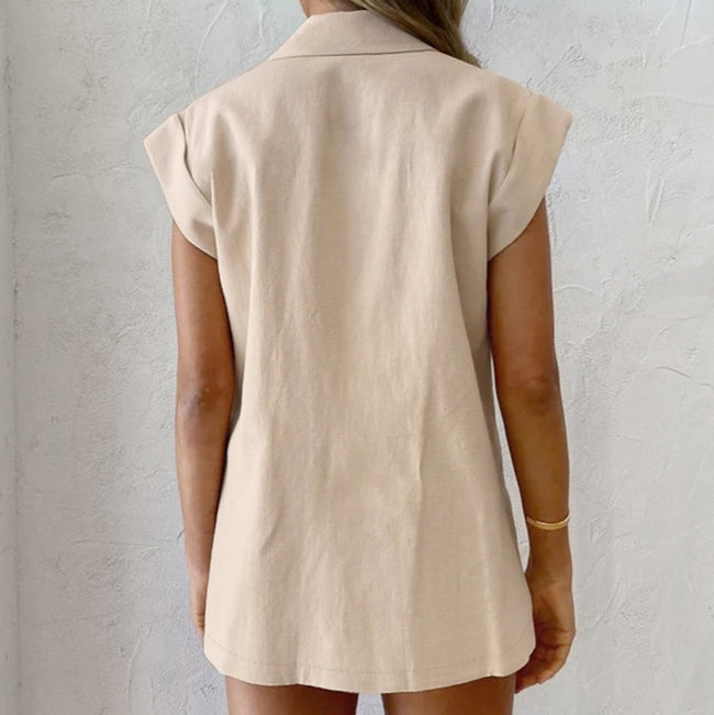 Ensemble deux pièces décontracté femme, haut et short sans manches, col tailleur, style britannique, en coton et lin Main Image
