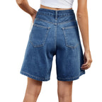 Short en jean pour femme avec taille ajustable, modèle tendance pour l'été.