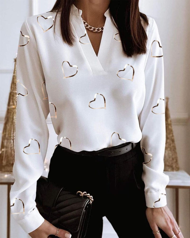 Haut chemise imprimé ample col en V manches longues printemps pour femmes