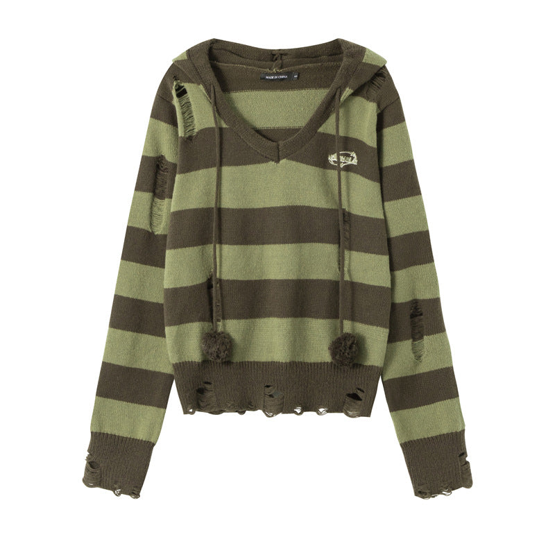 Pull à capuche d'automne femme fin à rayures contrastées