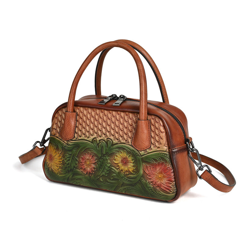 Sac à bandoulière en cuir pleine fleur, style ethnique rétro, pour femmes