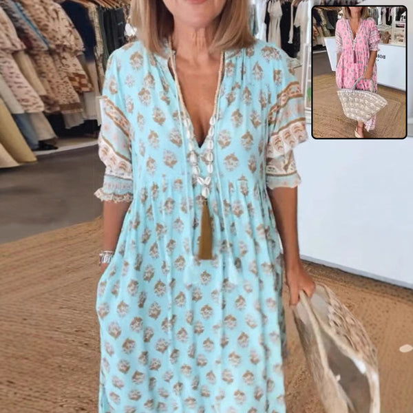 Robe longue bohème d'été à imprimé et manches lanternes, coupe ample, col en V et volants, pour la plage et les femmes.