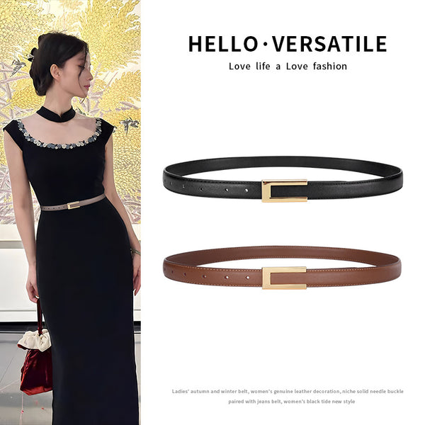 Ceinture fine en cuir de vachette rétro noire, assortie à tout, pour jupe ou jean