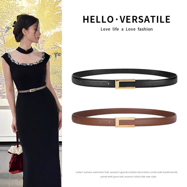 Ceinture fine en cuir de vachette rétro noire, assortie à tout, pour jupe ou jean Hover Image