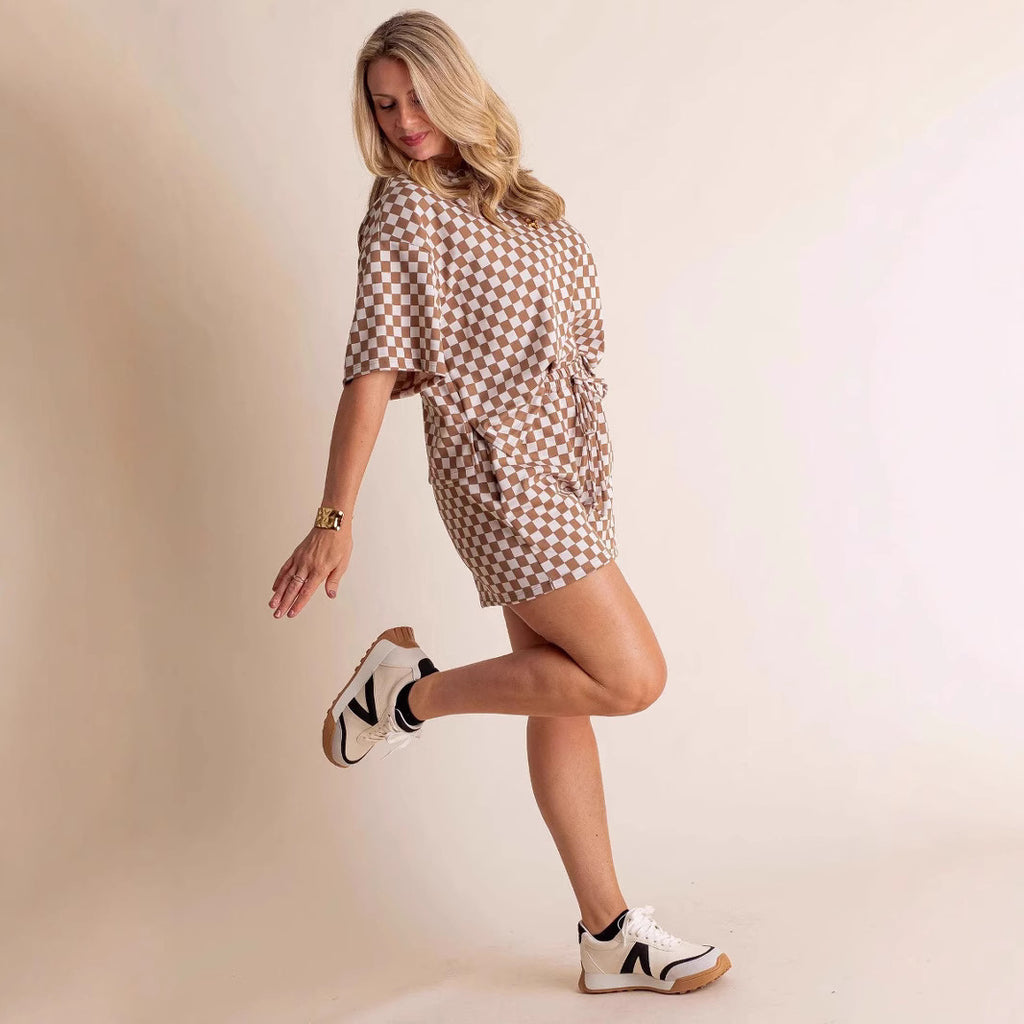 Nouvel ensemble deux pièces pour femme, décontracté et confortable, style européen et américain, chemise à carreaux à manches courtes et short.