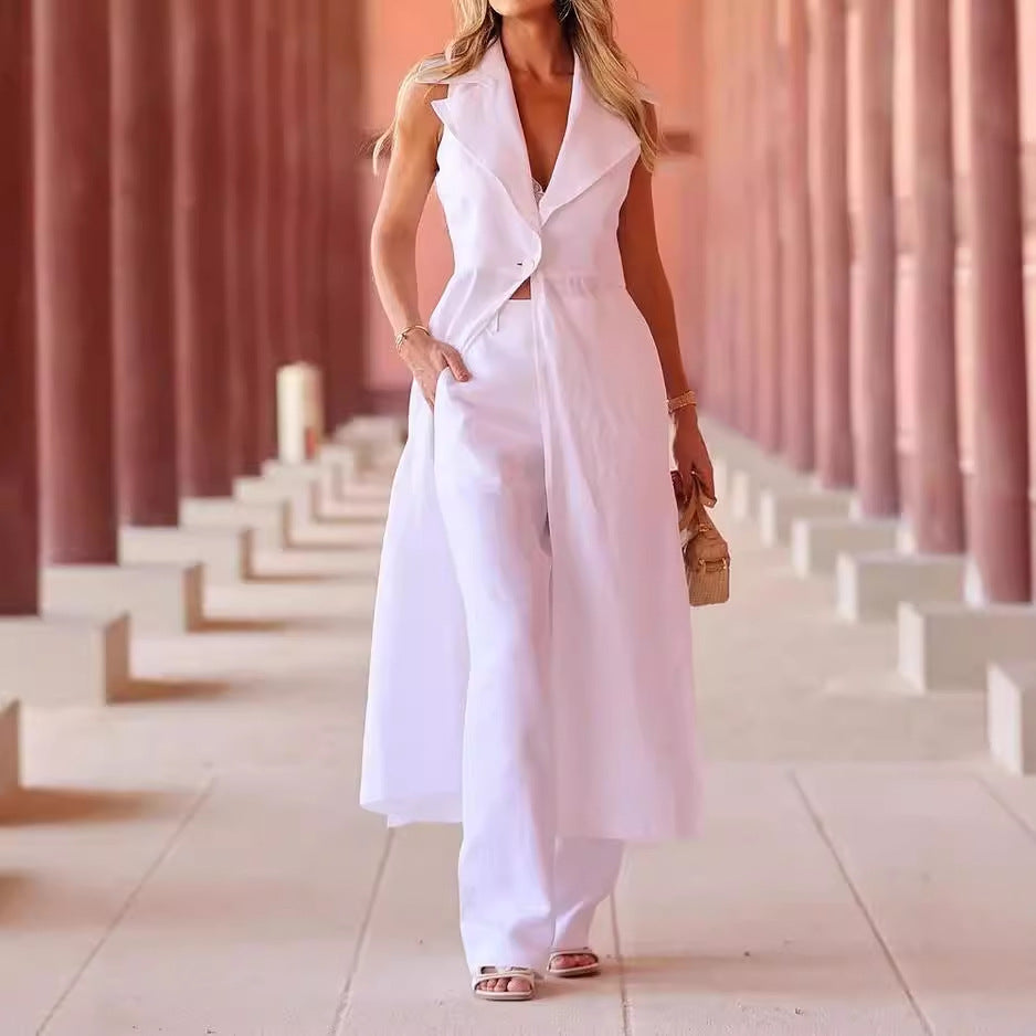 Ensemble deux-pièces femme, revers d'automne, sans manches, couleur unie