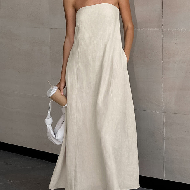 Robe taille haute de style vacances en coton et lin kaki, style français, avec haut tube Main Image