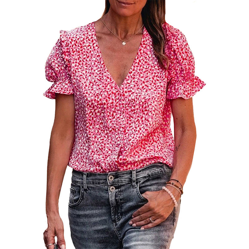 Chemise Imprimée Slim Femme Volants Col V Plongeant Femme