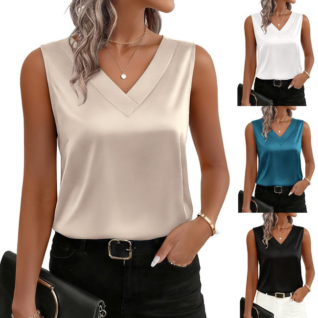 Caraco en satin pour femme, col en V, chemisier décontracté sans manches Hover Image