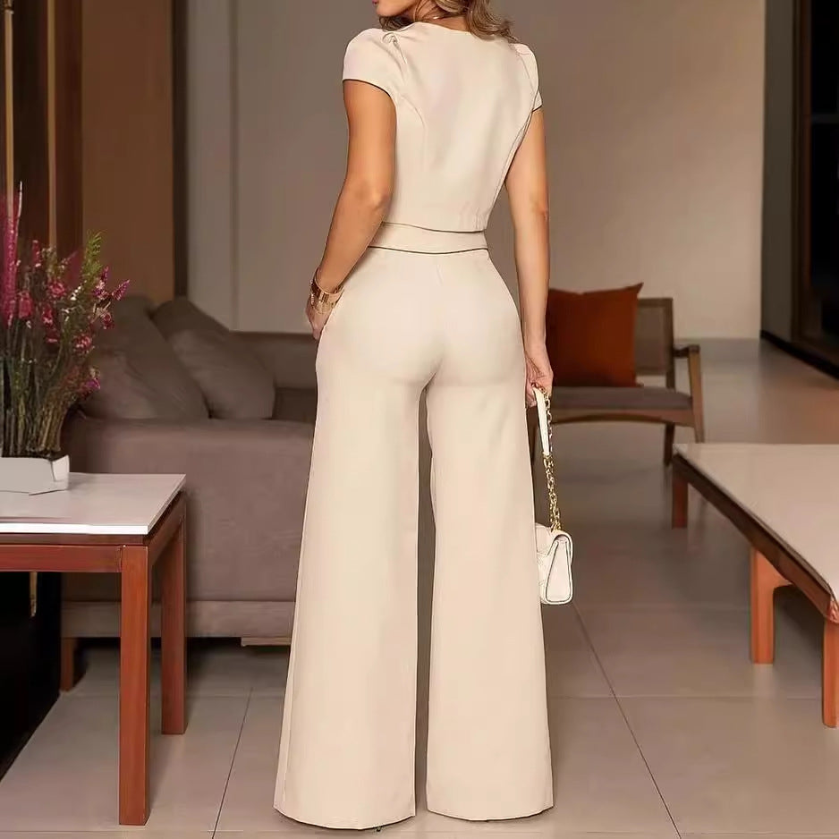 Ensemble deux pièces décontracté pour femme, mode automne, couleur unie, manches courtes, cool