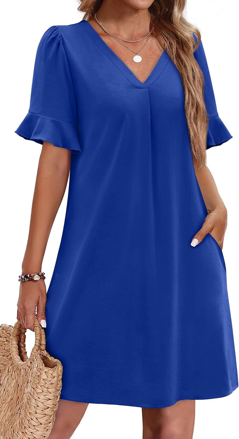 Robe élégante à col en V à volants pour femme avec poches