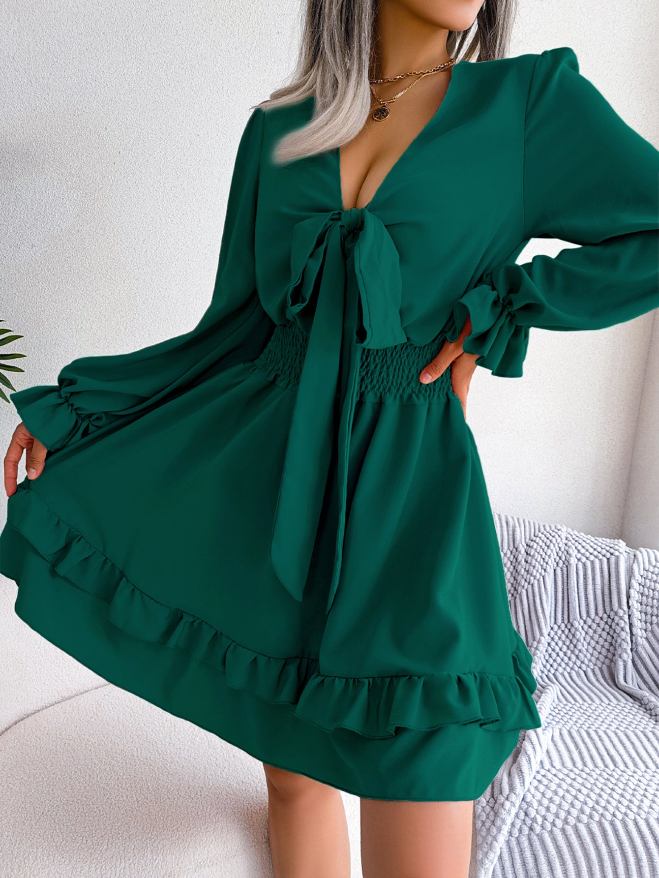 Robe fluide décontractée à volants avec ceinture à nouer pour femme
