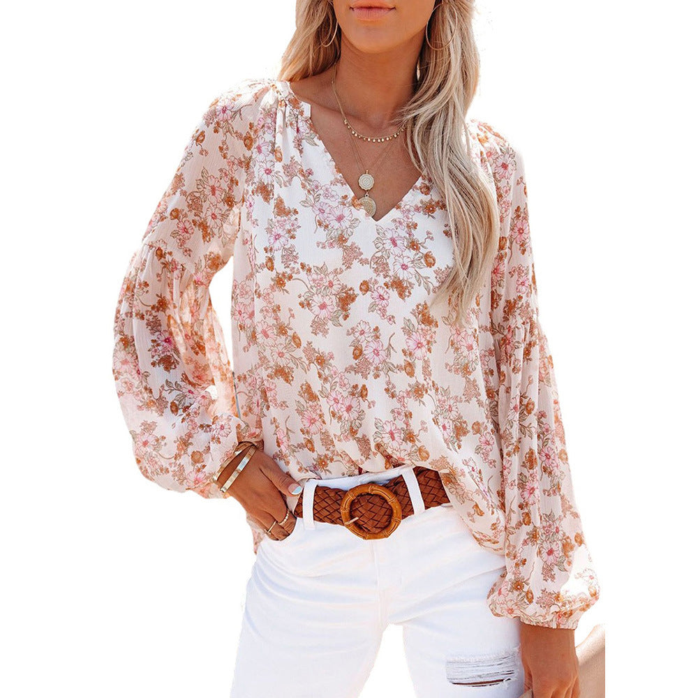 Chemisier Femme Manches Lanterne Imprimé Floral Mousseline