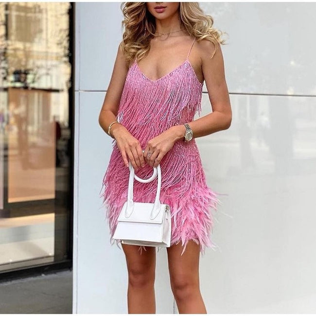 Mini-robe d'été sexy à pampilles, sequins et plumes pour femme, col en V, bretelles spaghetti, robe de soirée élégante pour club Main Image
