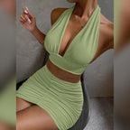 Ensembles de 2 Pièces pour Femmes Top Courroie de Cou Sans Manches à Lacets et Jupe Plissée Couvrant les Hanches
