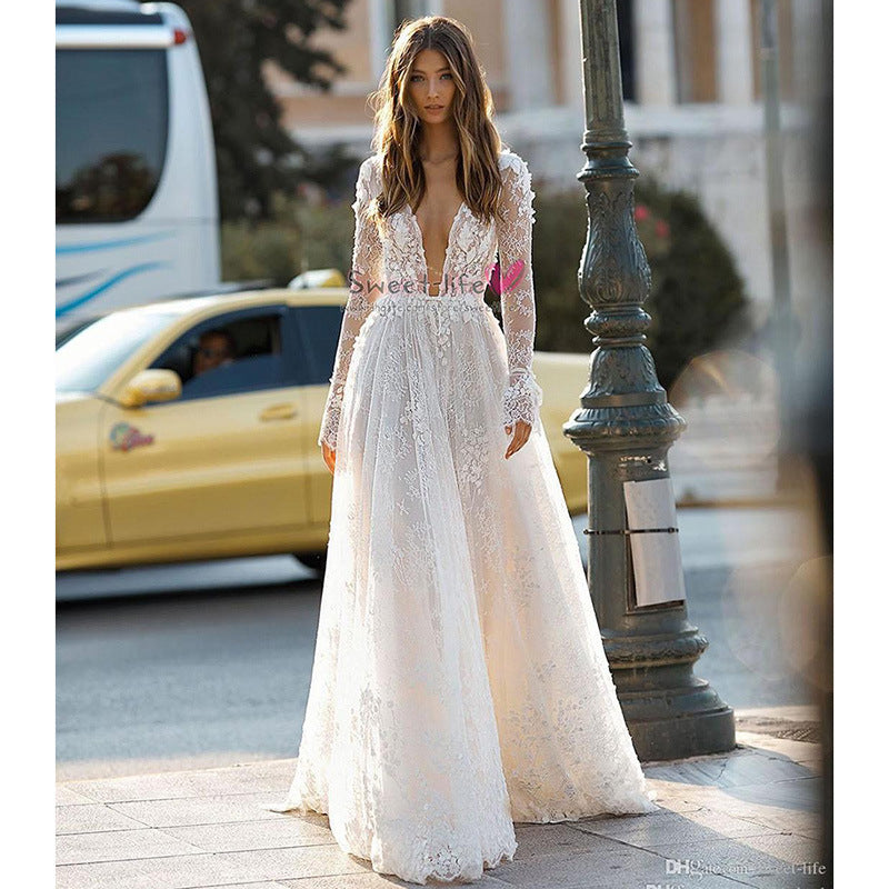Robe de soirée longue en dentelle à manches longues pour femme