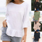 T-shirt décontracté à volants en coton et lin de couleur unie pour femme, chemisier de plage
