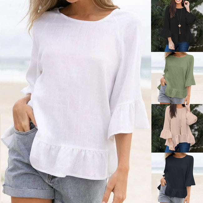 T-shirt décontracté à volants en coton et lin de couleur unie pour femme, chemisier de plage Hover Image