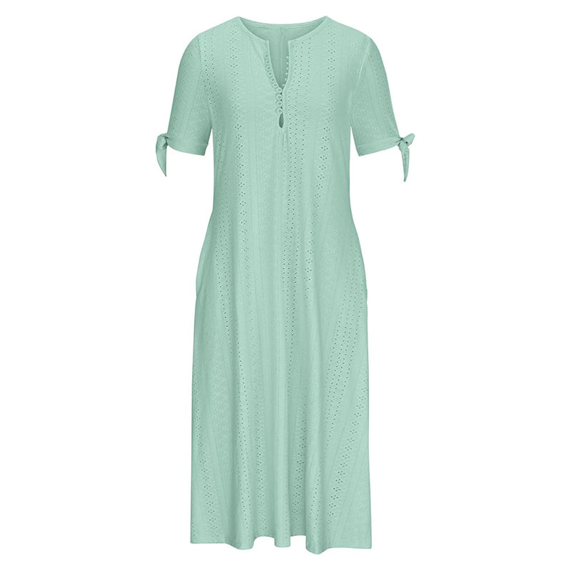 Robe longue d'été en broderie anglaise à col en V pour femme, manches courtes, coupe ample évasée pour la plage