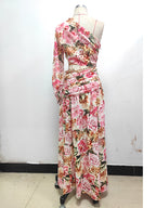Robe moulante fendue asymétrique à manches longues bouffantes, motif floral ajouré
