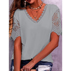 Tops en dentelle femme été col en V ample manches courtes chemises décontractées