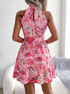 Femmes Robe Fluide à Imprimé Floral, Taille Nouée et Ourlet Volanté Élégante
