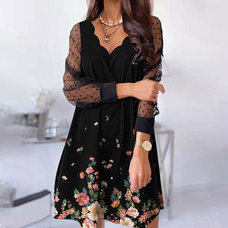 Robe décontractée à manches longues en dentelle avec col en V ondulé