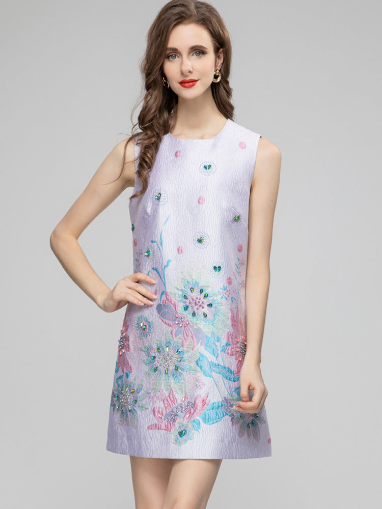 Robe courte sans manches en jacquard imprimé pour femme