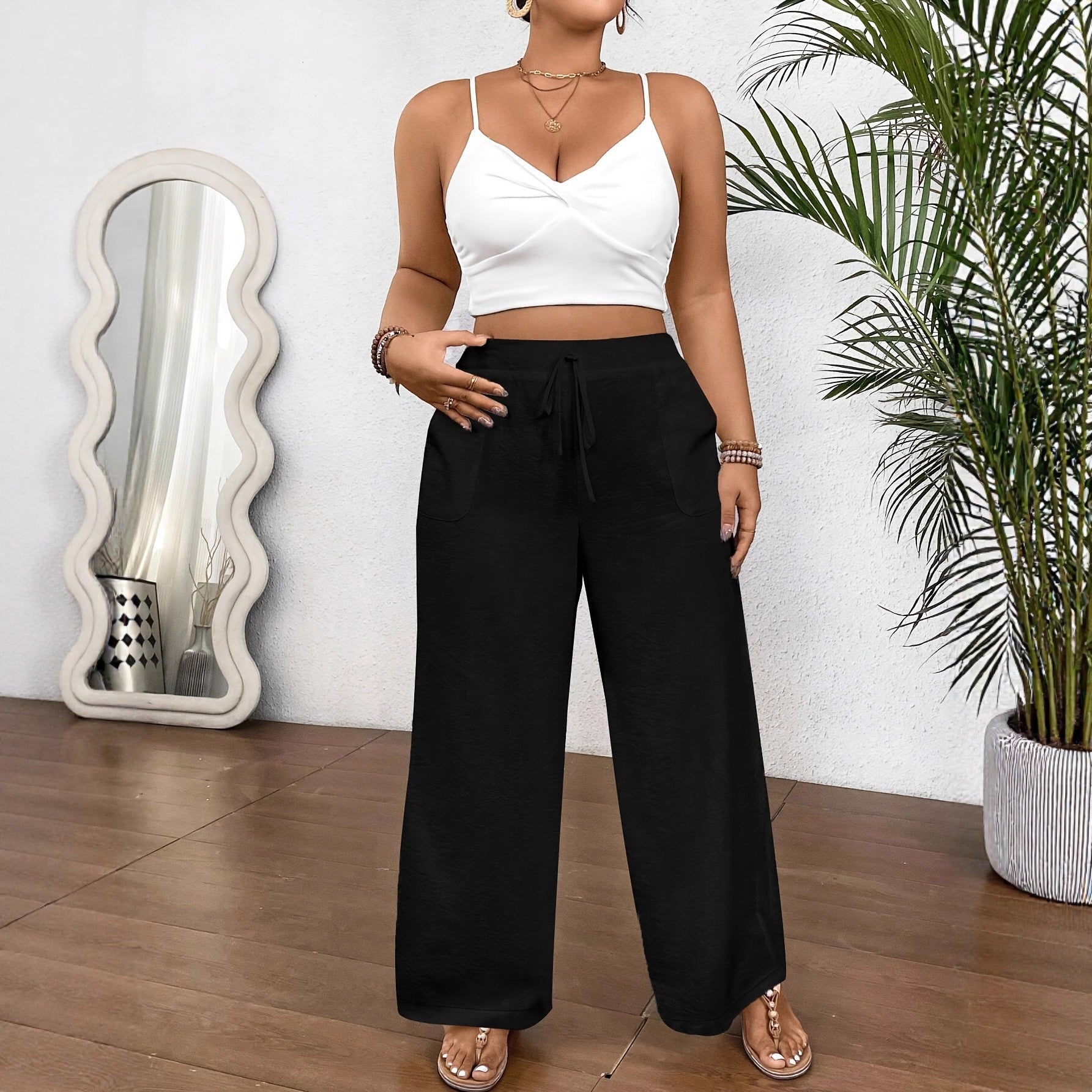 Pantalon ample à jambe large et taille coulissée pour femme
