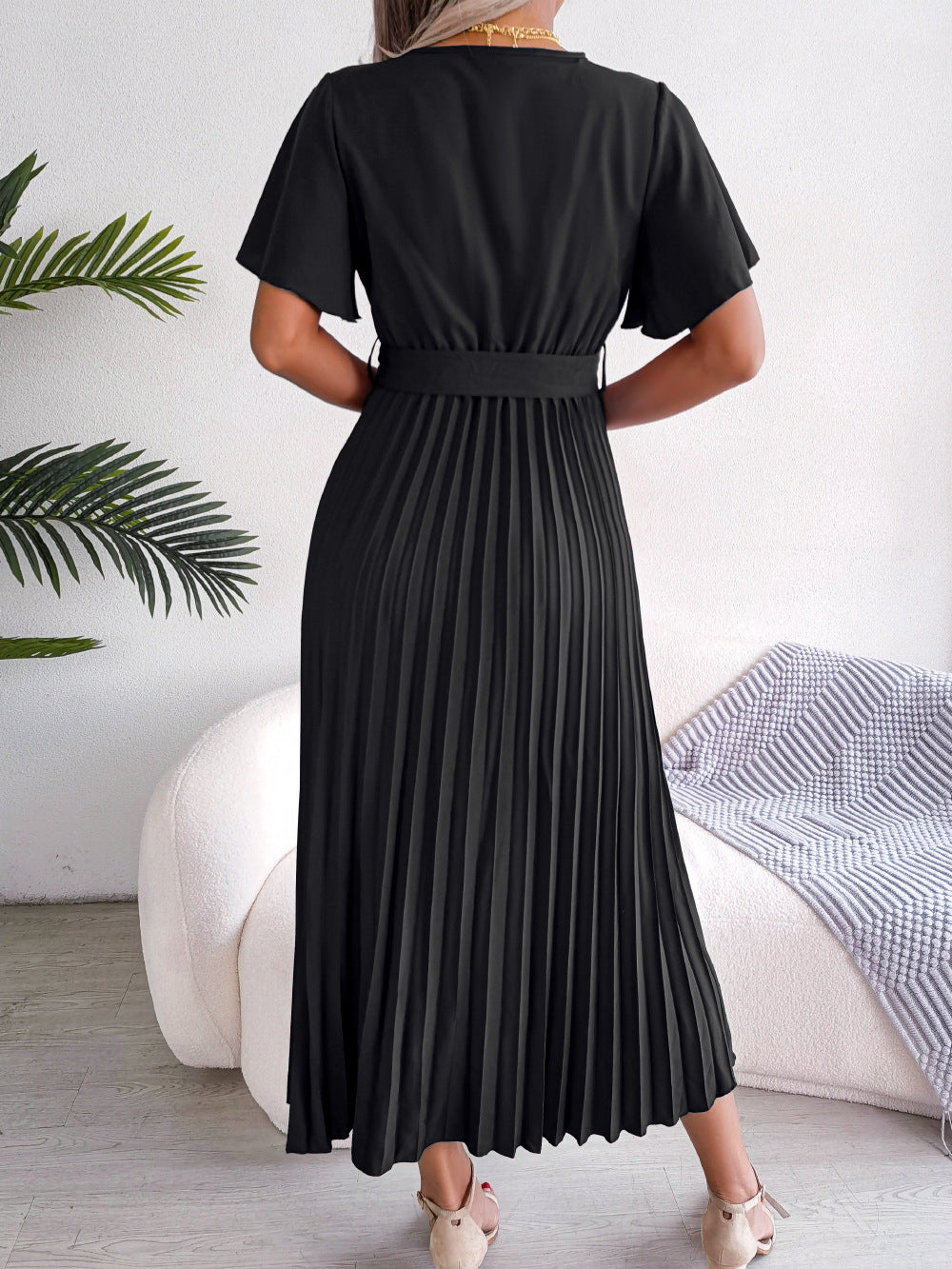 Femmes Robe longue plissée fluide élégante col V croisé