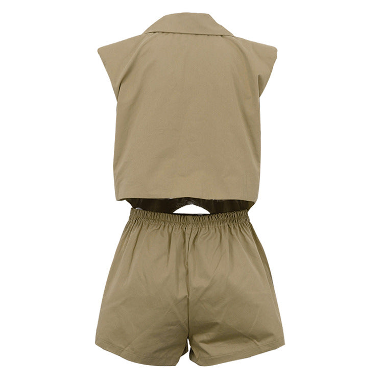 Ensemble Coordonné Blazer sans Manches Oversize & Short Kaki