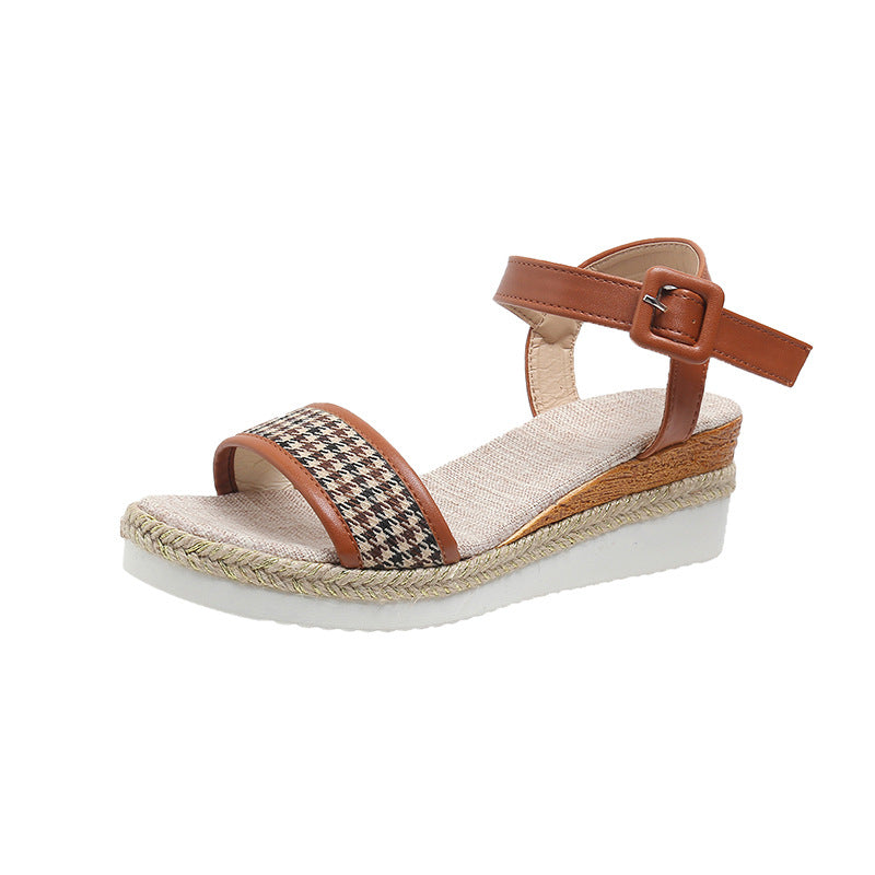 Sandales à imprimé pied-de-poule pour femme, chaussures habillées d'été à boucle