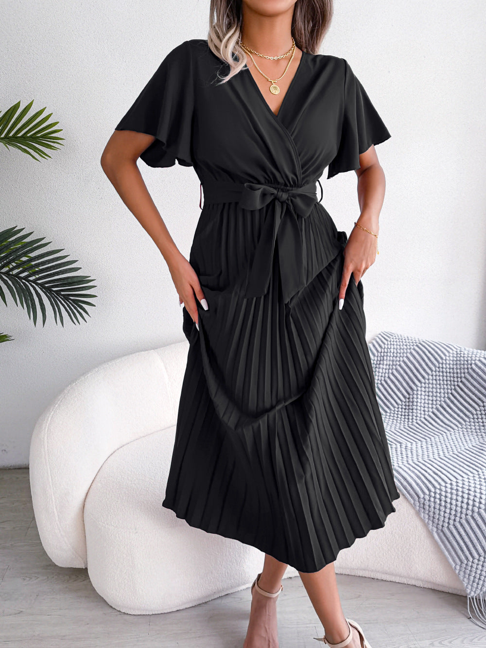 Femmes Robe longue plissée fluide élégante col V croisé