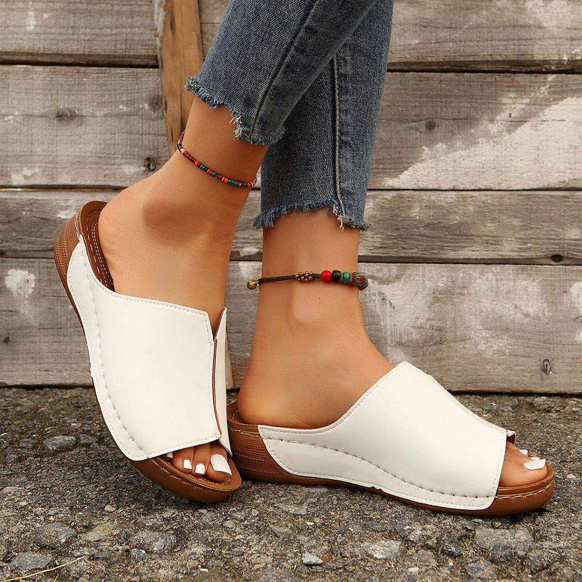 Sandales compensées unies à la mode, sandales d'été décontractées à bout ouvert, chaussons d'extérieur à semelle épaisse rehaussantes, chaussures pour femmes