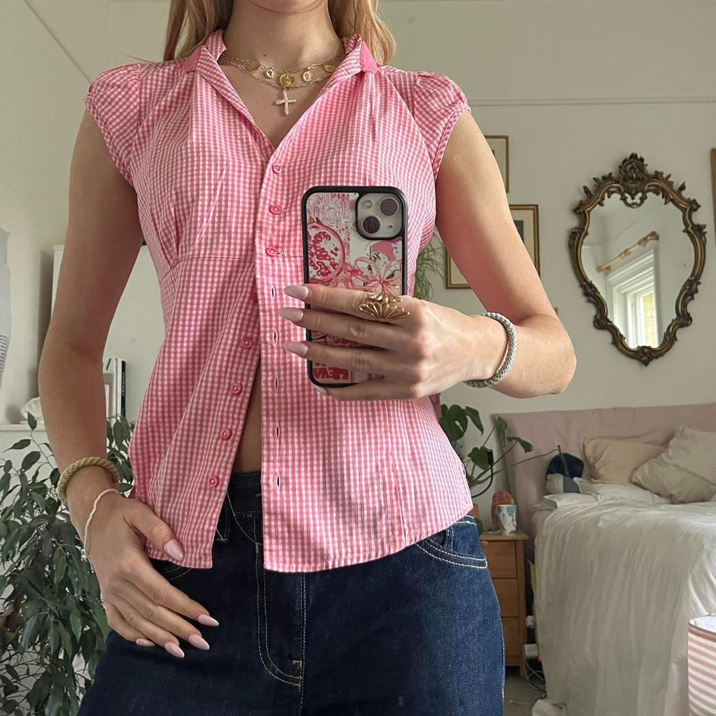 Chemise à carreaux rouge et blanche à manches courtes pour femme
