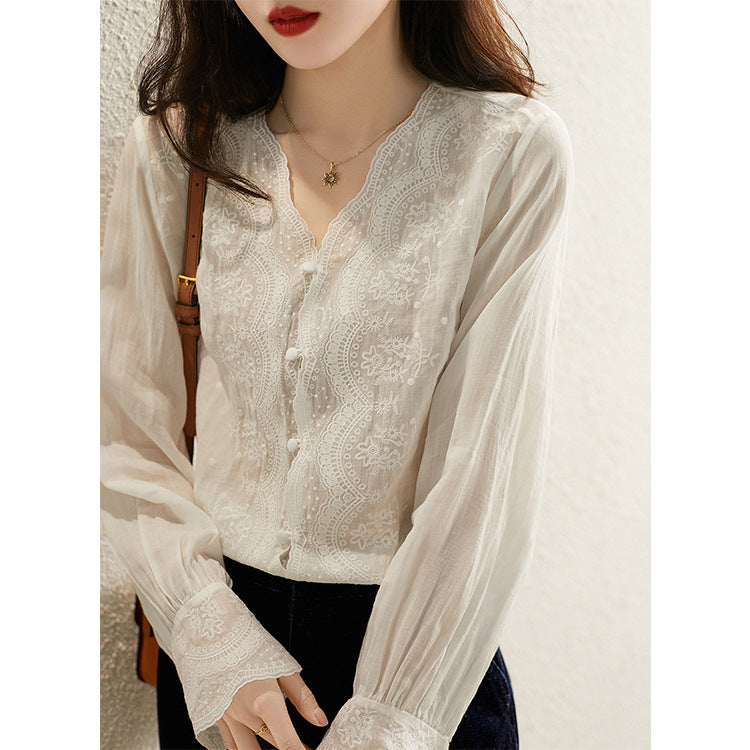 Chemise femme en coton et lin à col en V, style rétro, à porter seule ou en superposition